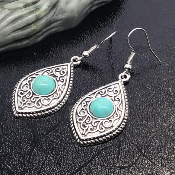 Antique Silver Tone Teardrop Earrings With Turquoise Stone Accent 2 Inches Long - Picture 2 of 3